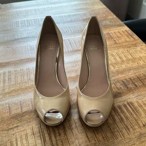 Stuart Weitzman Open Toe Patent Leather Nude Heel